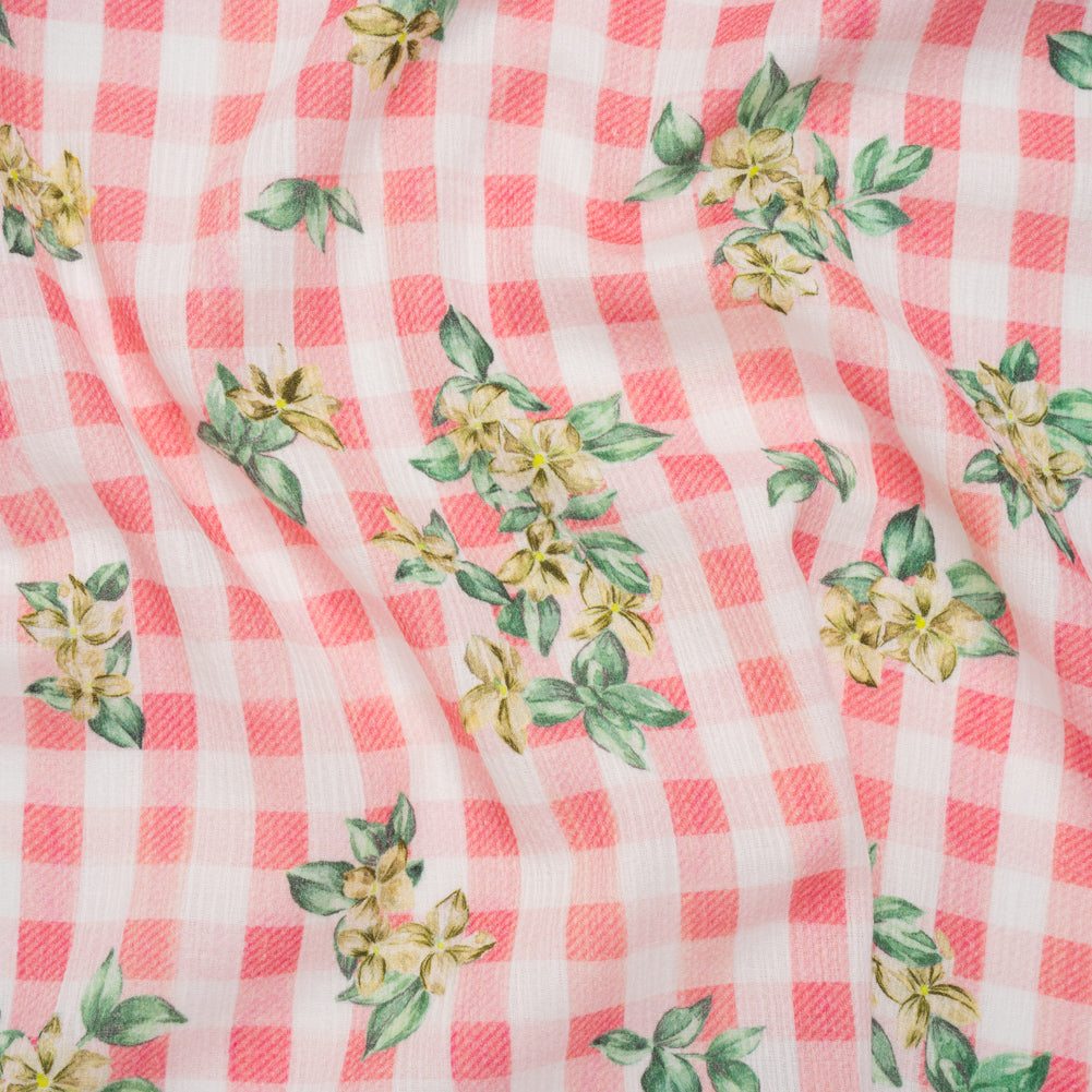 Slubbed Gauzy Cotton Woven - White and Yellow Flowers on Pink Gingham - Mood Exclusive Picnic Petals Print
