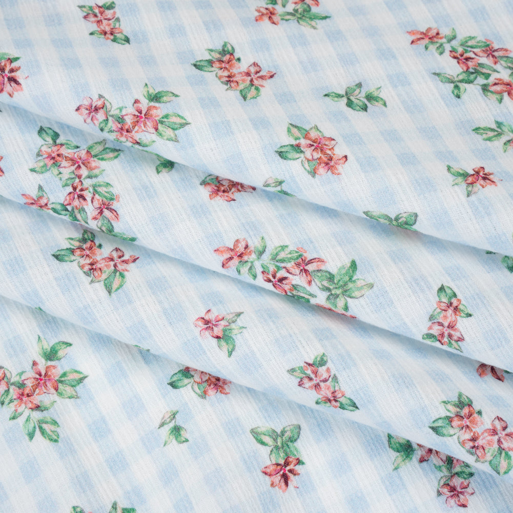 Slubbed Gauzy Cotton Woven - Pink and Green Flowers on Sky Blue Gingham - Mood Exclusive Picnic Petals Print - Folded