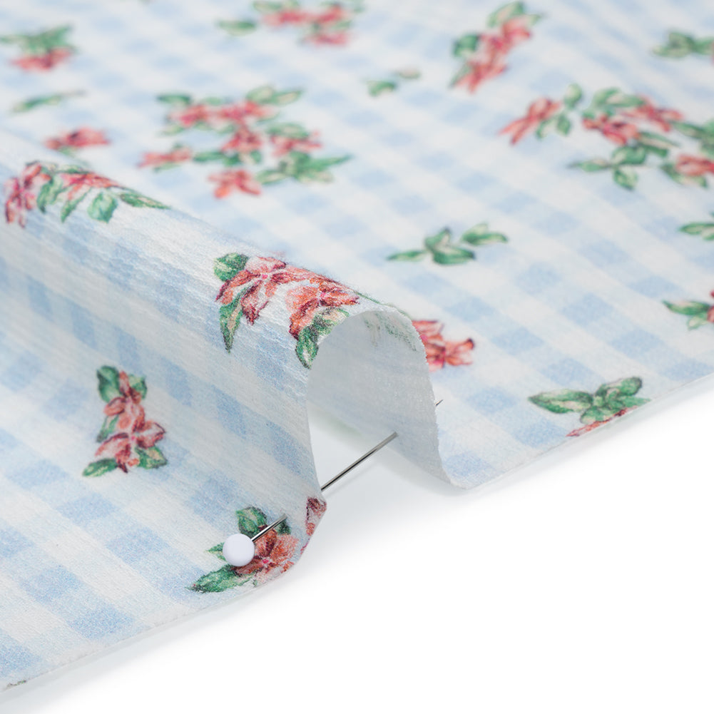 Slubbed Gauzy Cotton Woven - Pink and Green Flowers on Sky Blue Gingham - Mood Exclusive Picnic Petals Print - Detail