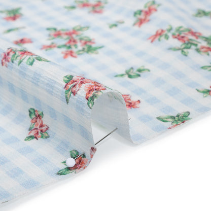 Slubbed Gauzy Cotton Woven - Pink and Green Flowers on Sky Blue Gingham - Mood Exclusive Picnic Petals Print