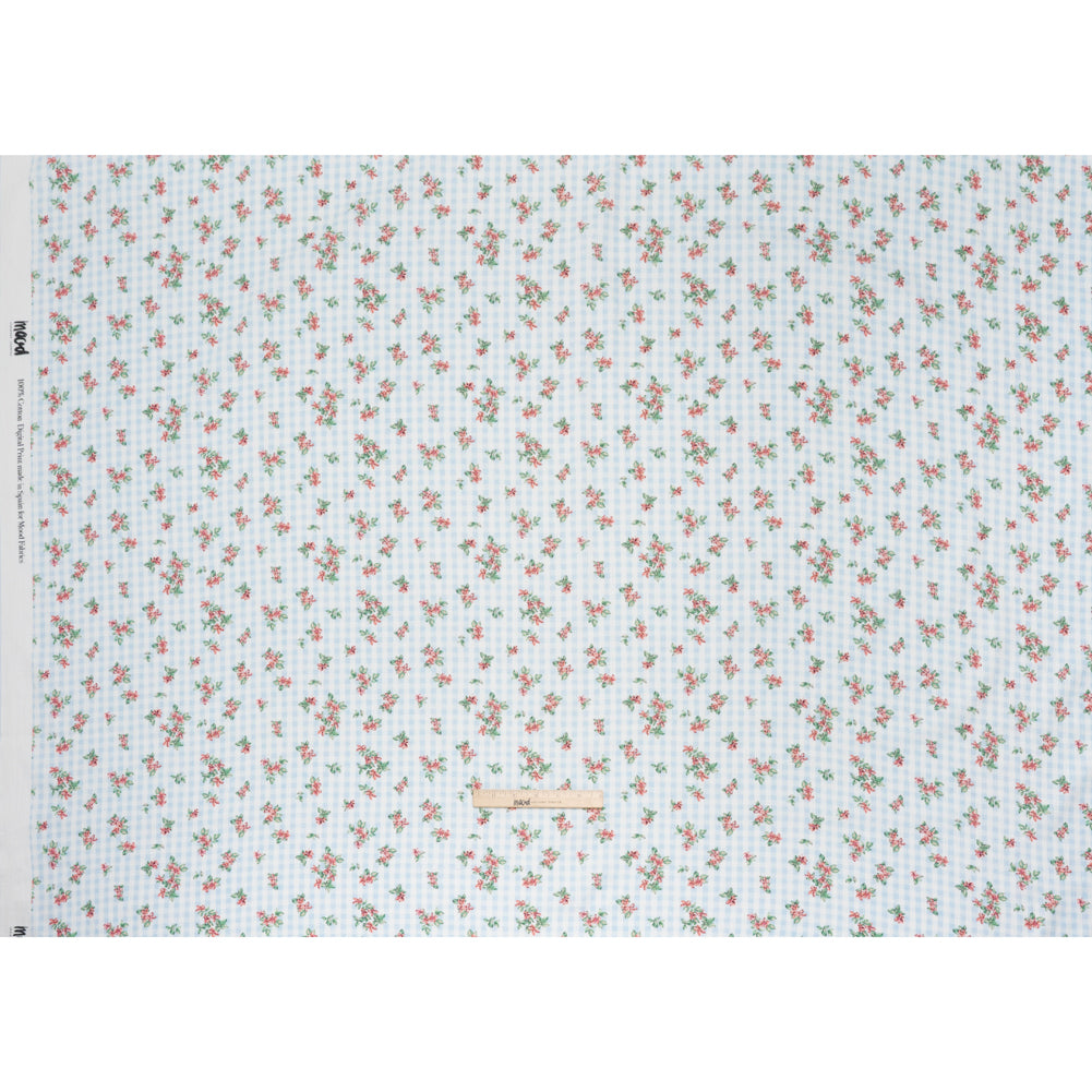 Slubbed Gauzy Cotton Woven - Pink and Green Flowers on Sky Blue Gingham - Mood Exclusive Picnic Petals Print - Full
