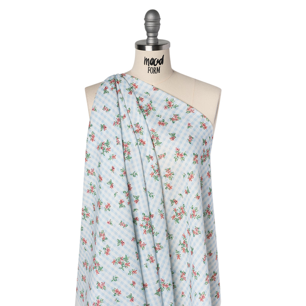 Slubbed Gauzy Cotton Woven - Pink and Green Flowers on Sky Blue Gingham - Mood Exclusive Picnic Petals Print - Drape