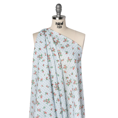 Slubbed Gauzy Cotton Woven - Pink and Green Flowers on Sky Blue Gingham - Mood Exclusive Picnic Petals Print
