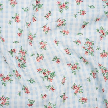Slubbed Gauzy Cotton Woven - Pink and Green Flowers on Sky Blue Gingham - Mood Exclusive Picnic Petals Print