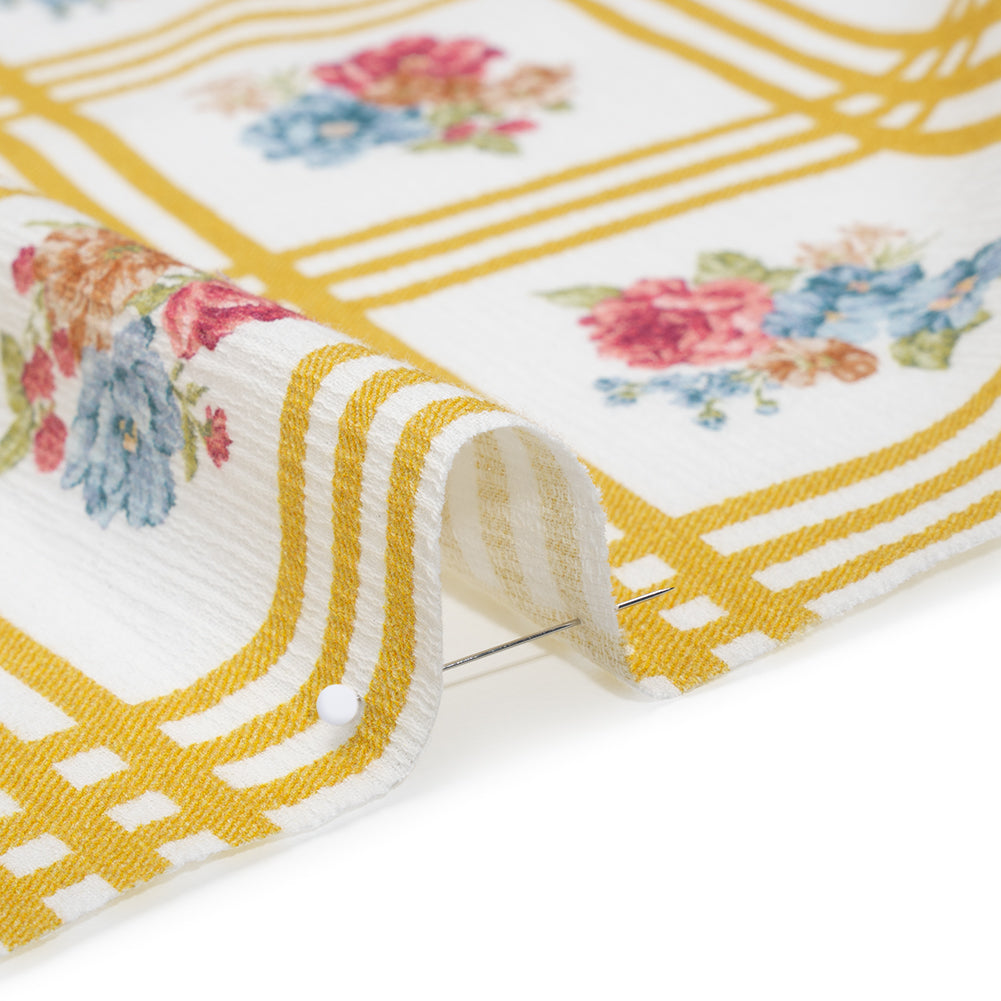 Slubbed Gauzy Cotton Woven - Yellow Ochre, Red and Blue Check with Flower Bouquets - Mood Exclusive Banquet Bouquet Print - Detail