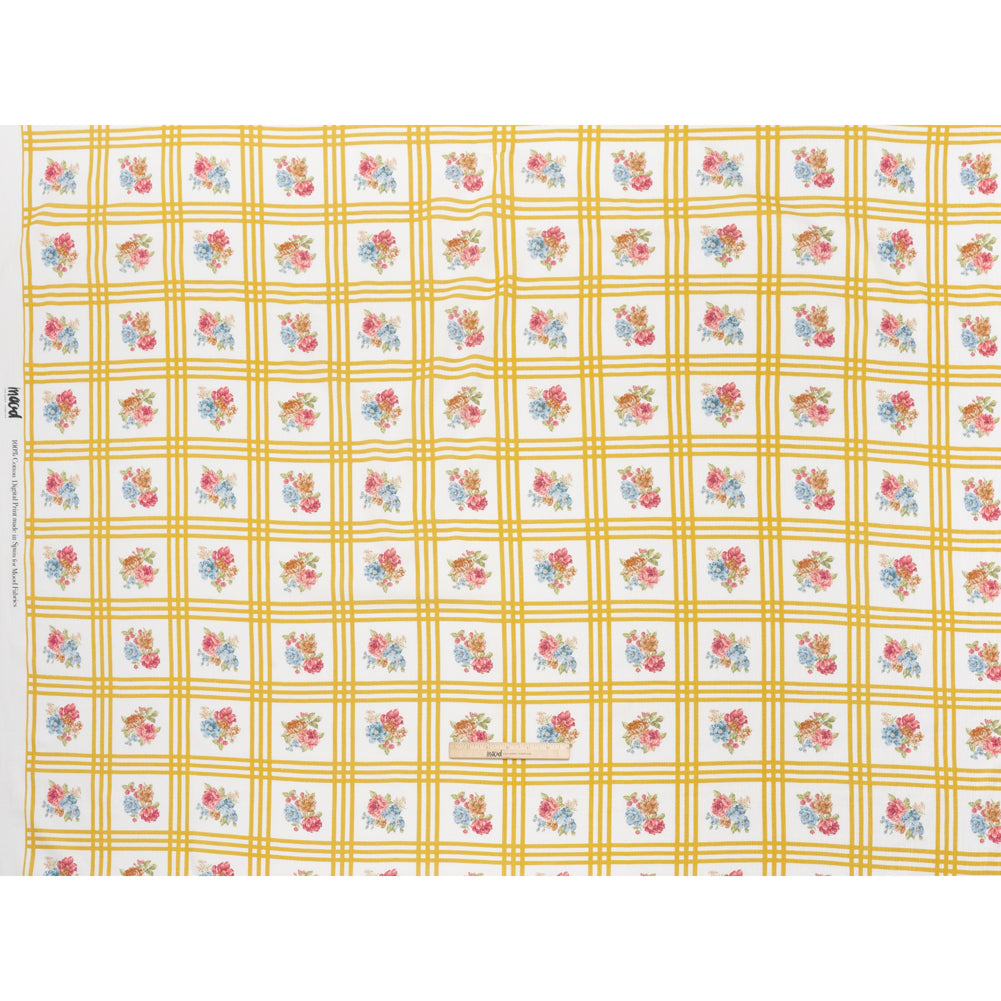 Slubbed Gauzy Cotton Woven - Yellow Ochre, Red and Blue Check with Flower Bouquets - Mood Exclusive Banquet Bouquet Print - Full