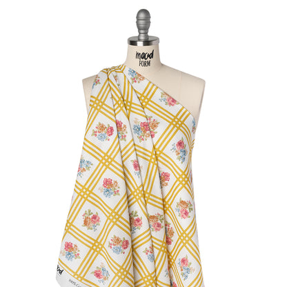 Slubbed Gauzy Cotton Woven - Yellow Ochre, Red and Blue Check with Flower Bouquets - Mood Exclusive Banquet Bouquet Print