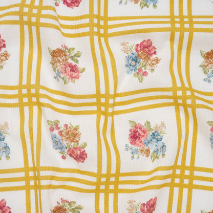 Slubbed Gauzy Cotton Woven - Yellow Ochre, Red and Blue Check with Flower Bouquets - Mood Exclusive Banquet Bouquet Print