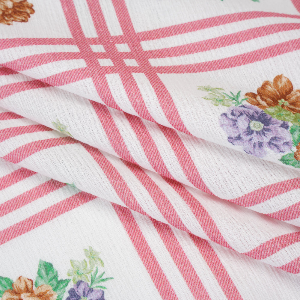 Slubbed Gauzy Cotton Woven - Pink, Red and Purple Check with Flower Bouquets - Mood Exclusive Banquet Bouquet Print - Folded