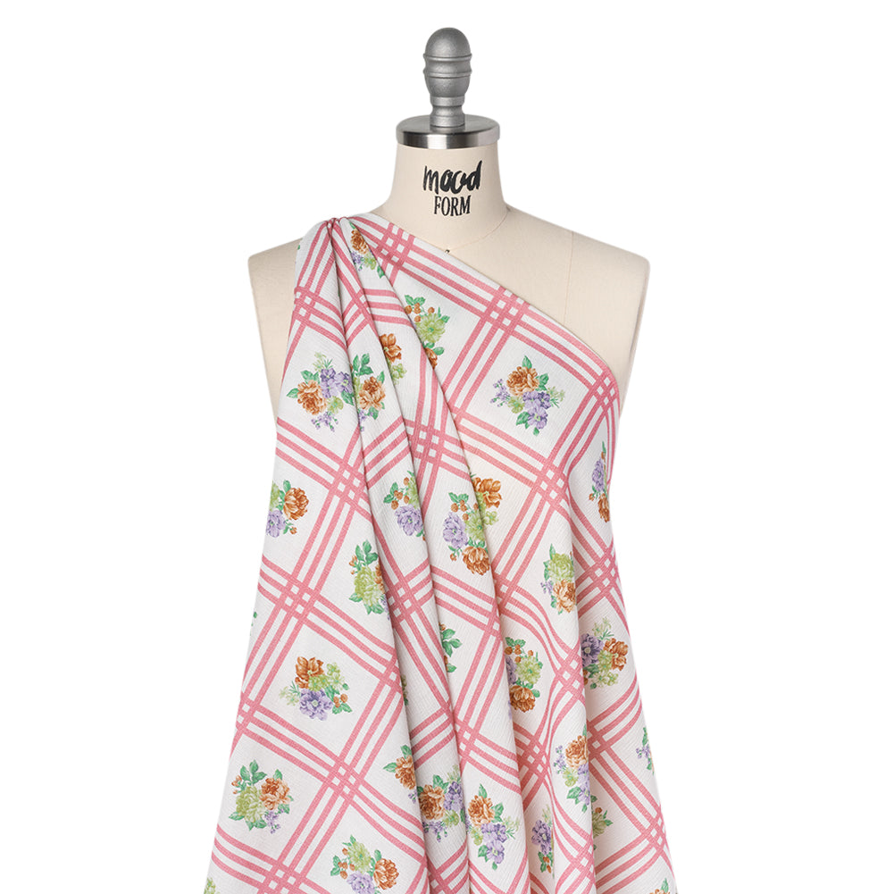 Slubbed Gauzy Cotton Woven - Pink, Red and Purple Check with Flower Bouquets - Mood Exclusive Banquet Bouquet Print - Drape