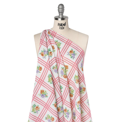 Slubbed Gauzy Cotton Woven - Pink, Red and Purple Check with Flower Bouquets - Mood Exclusive Banquet Bouquet Print