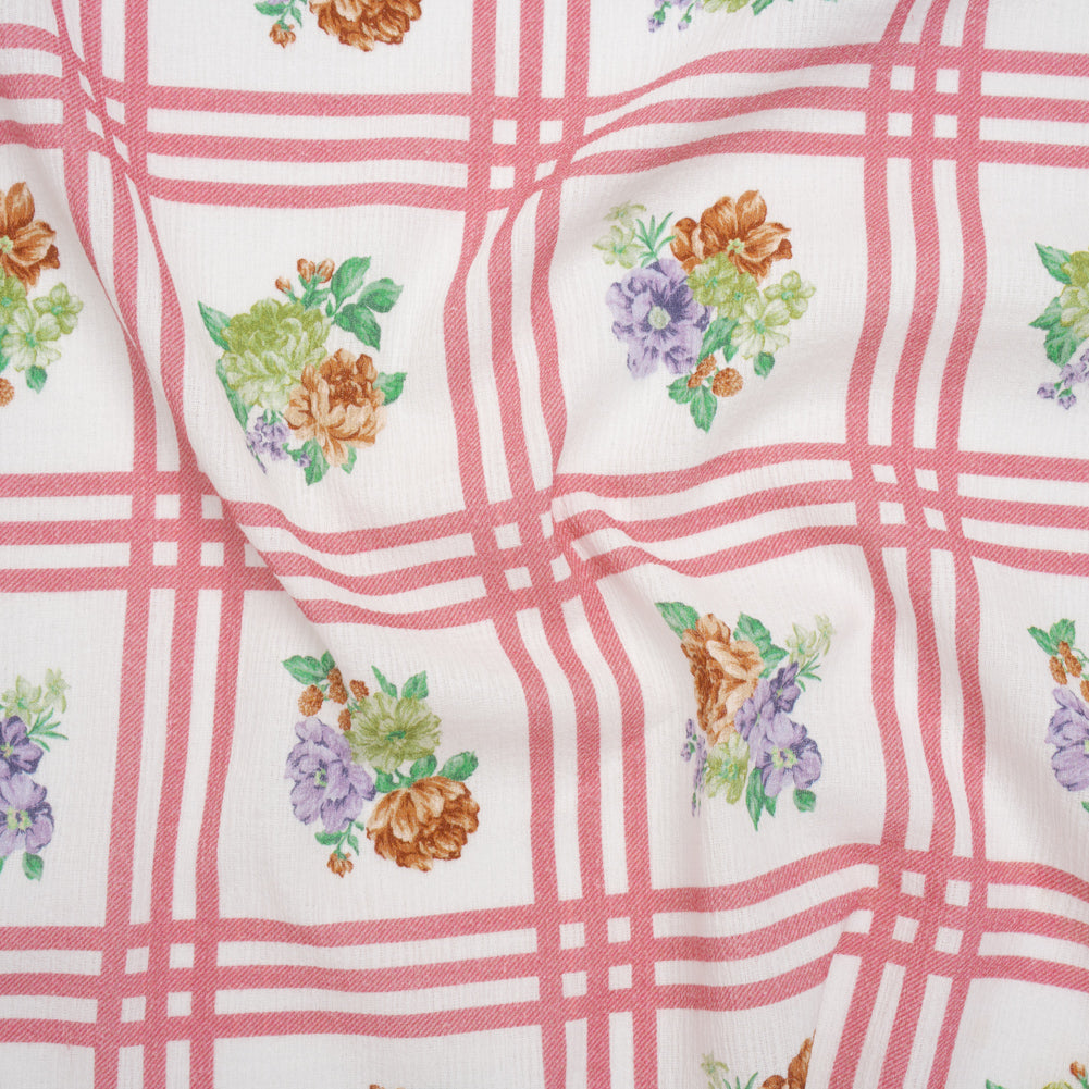 Slubbed Gauzy Cotton Woven - Pink, Red and Purple Check with Flower Bouquets - Mood Exclusive Banquet Bouquet Print