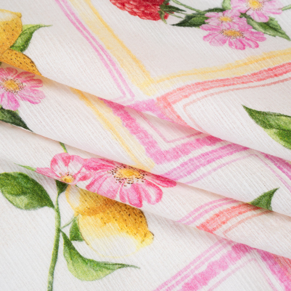 Slubbed Gauzy Cotton Woven - Pink, Red and Yellow Fruit and Flowers in Frames - Mood Exclusive Summer Medley Print - Folded