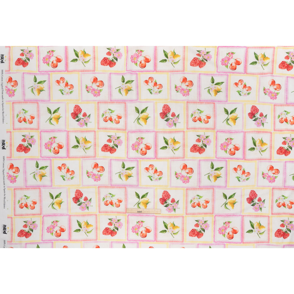 Slubbed Gauzy Cotton Woven - Pink, Red and Yellow Fruit and Flowers in Frames - Mood Exclusive Summer Medley Print - Full
