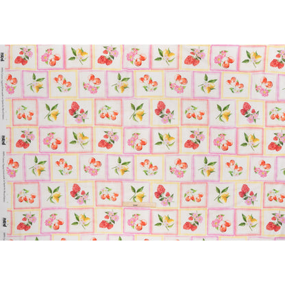 Slubbed Gauzy Cotton Woven - Pink, Red and Yellow Fruit and Flowers in Frames - Mood Exclusive Summer Medley Print