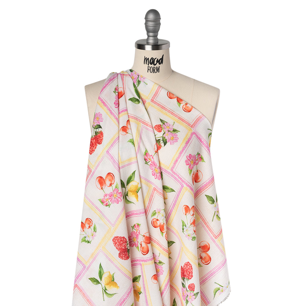 Slubbed Gauzy Cotton Woven - Pink, Red and Yellow Fruit and Flowers in Frames - Mood Exclusive Summer Medley Print - Drape