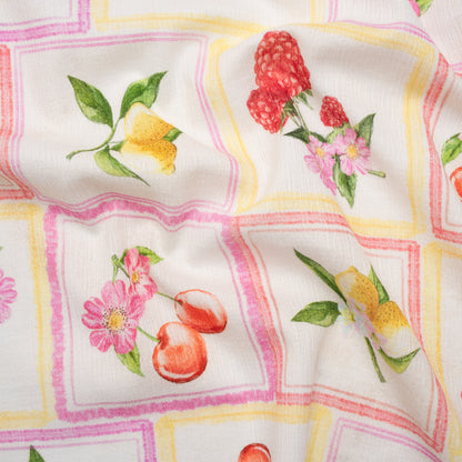 Slubbed Gauzy Cotton Woven - Pink, Red and Yellow Fruit and Flowers in Frames - Mood Exclusive Summer Medley Print