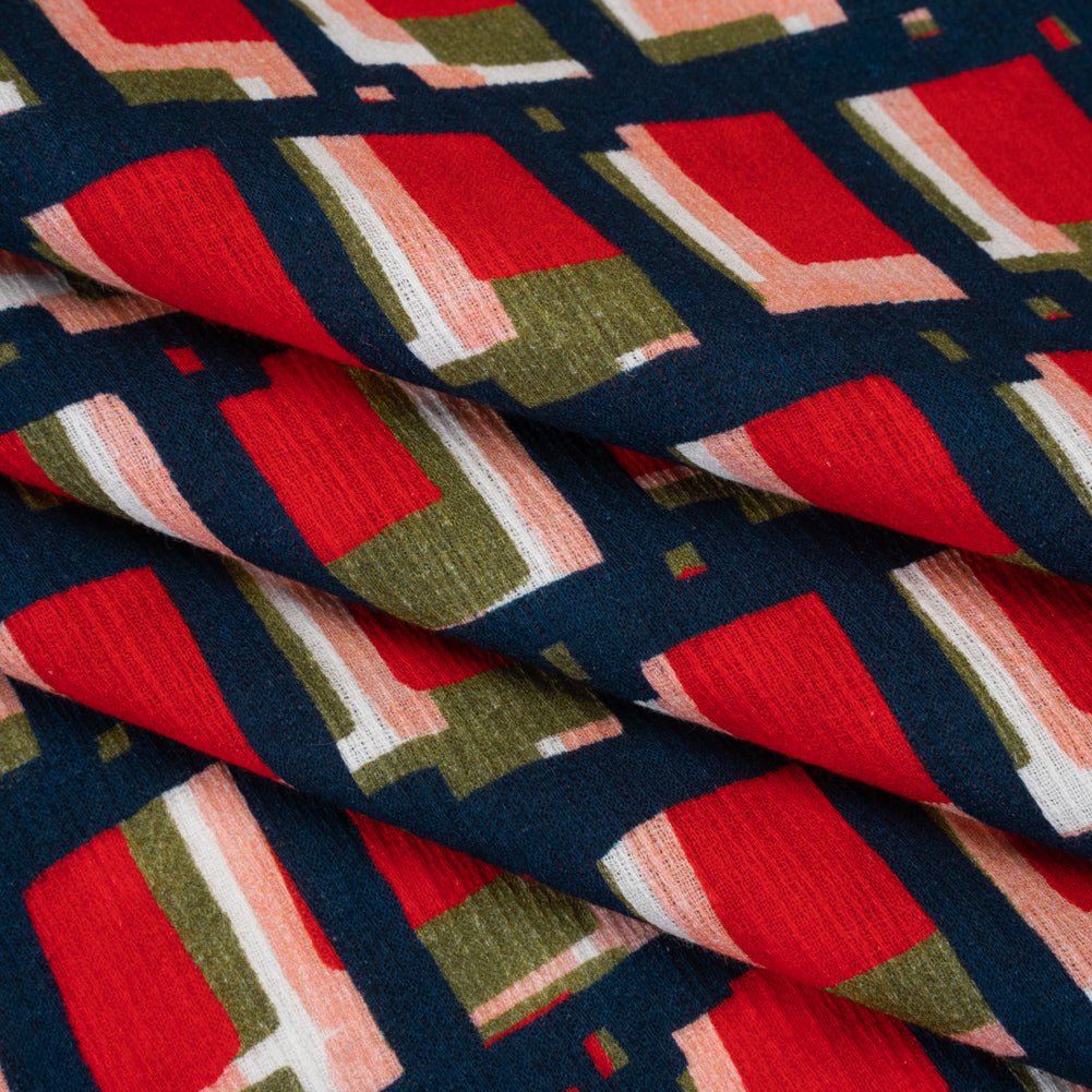 Slubbed Gauzy Cotton Woven - Red, Navy and Olive Green Geometric Blocks - Mood Exclusive Cubist Canvas Print - Folded
