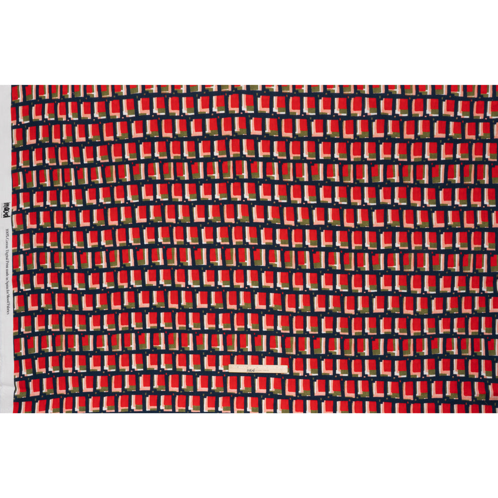 Slubbed Gauzy Cotton Woven - Red, Navy and Olive Green Geometric Blocks - Mood Exclusive Cubist Canvas Print - Full