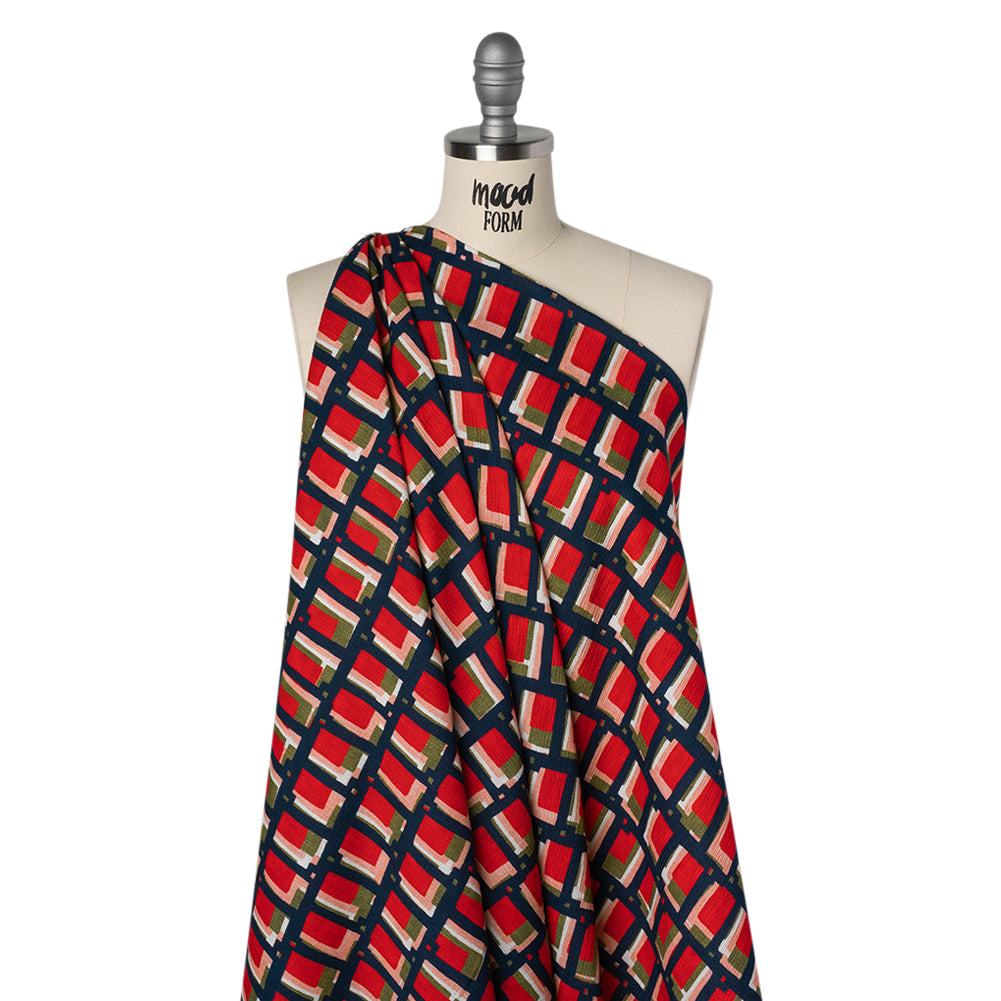 Slubbed Gauzy Cotton Woven - Red, Navy and Olive Green Geometric Blocks - Mood Exclusive Cubist Canvas Print - Drape