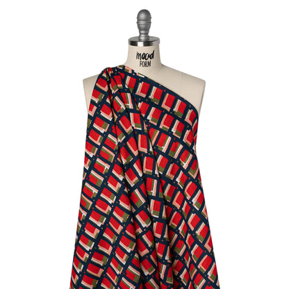 Slubbed Gauzy Cotton Woven - Red, Navy and Olive Green Geometric Blocks - Mood Exclusive Cubist Canvas Print
