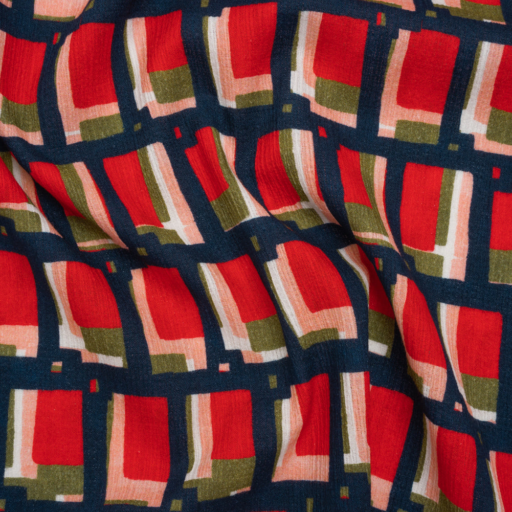 Slubbed Gauzy Cotton Woven - Red, Navy and Olive Green Geometric Blocks - Mood Exclusive Cubist Canvas Print