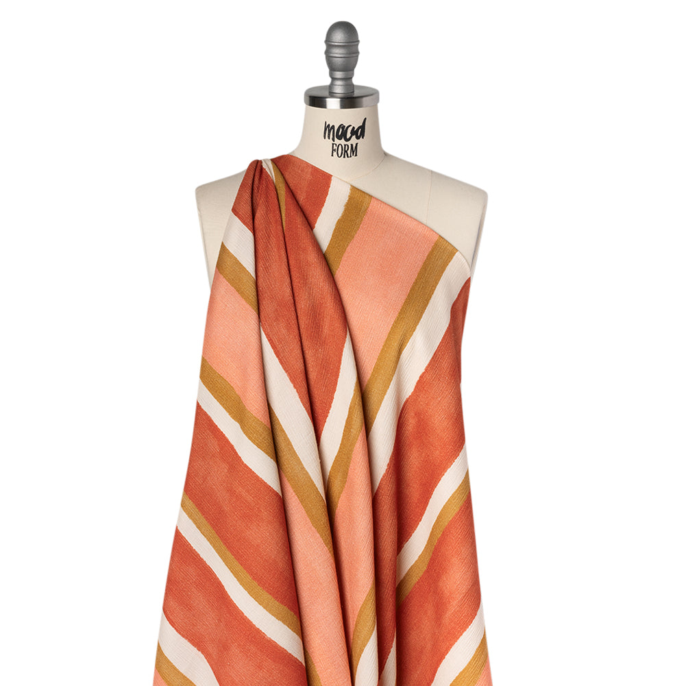 Slubbed Gauzy Cotton Woven - Rust, Peach and Yellow Ochre Stripes - Mood Exclusive Canyon Cove Print - Drape