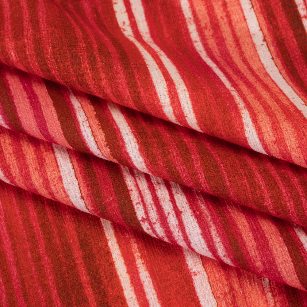 Slubbed Gauzy Cotton Woven - Red, Pink and Brown Painterly Barcode Stripes - Mood Exclusive Peppermint Parade Print - Folded