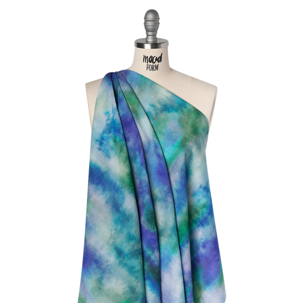 Slubbed Gauzy Cotton Woven - Ultramarine Blue, Green and Teal Soft Tie Dye - Mood Exclusive Soft Sighs Print - Drape
