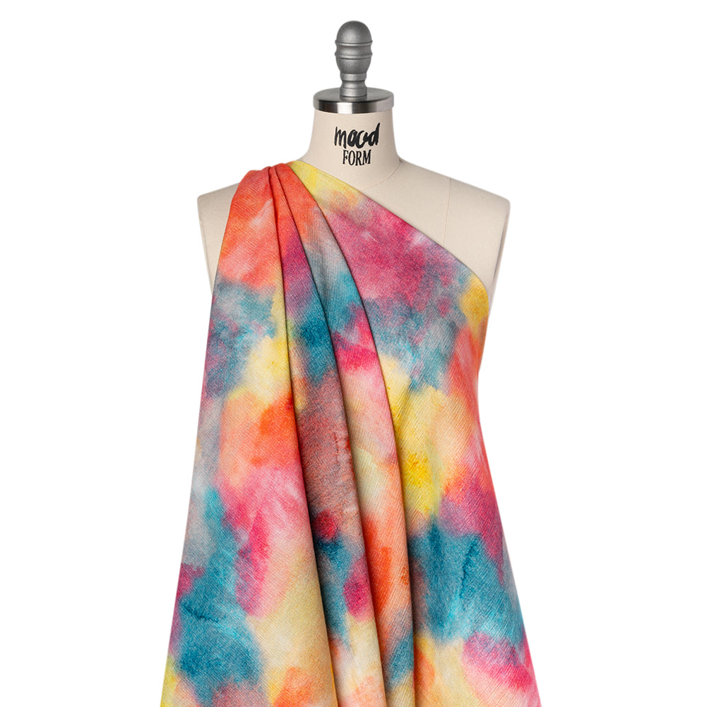 Slubbed Gauzy Cotton Woven - Coral Red, Yellow and Blue Bold Tie Dye - Mood Exclusive Dyed Delights Print - Drape