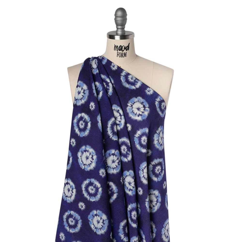 Slubbed Gauzy Cotton Woven - Indigo, Light Blue and White Small Tie Dye Spots - Mood Exclusive Dandelion Daydream Print - Drape