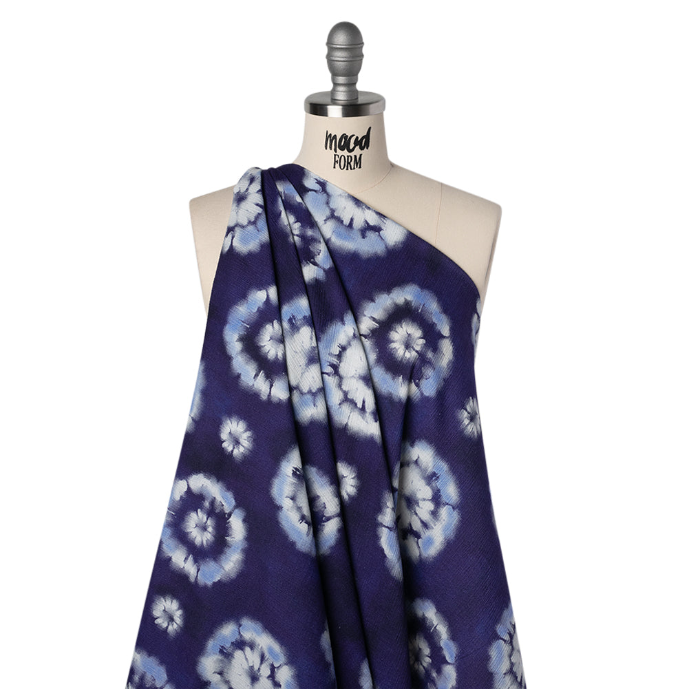Slubbed Gauzy Cotton Woven - Indigo, Light Blue and White Large Tie Dye Spots - Mood Exclusive Dandelion Daydream Print - Drape