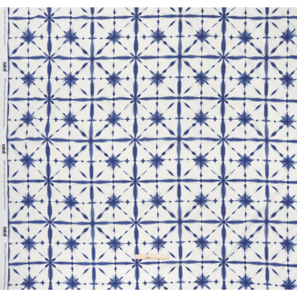 Slubbed Gauzy Cotton Woven - Indigo Blue and White Tie Dye Geometric Shibori - Mood Exclusive Tie Dye Tiles Print - Full