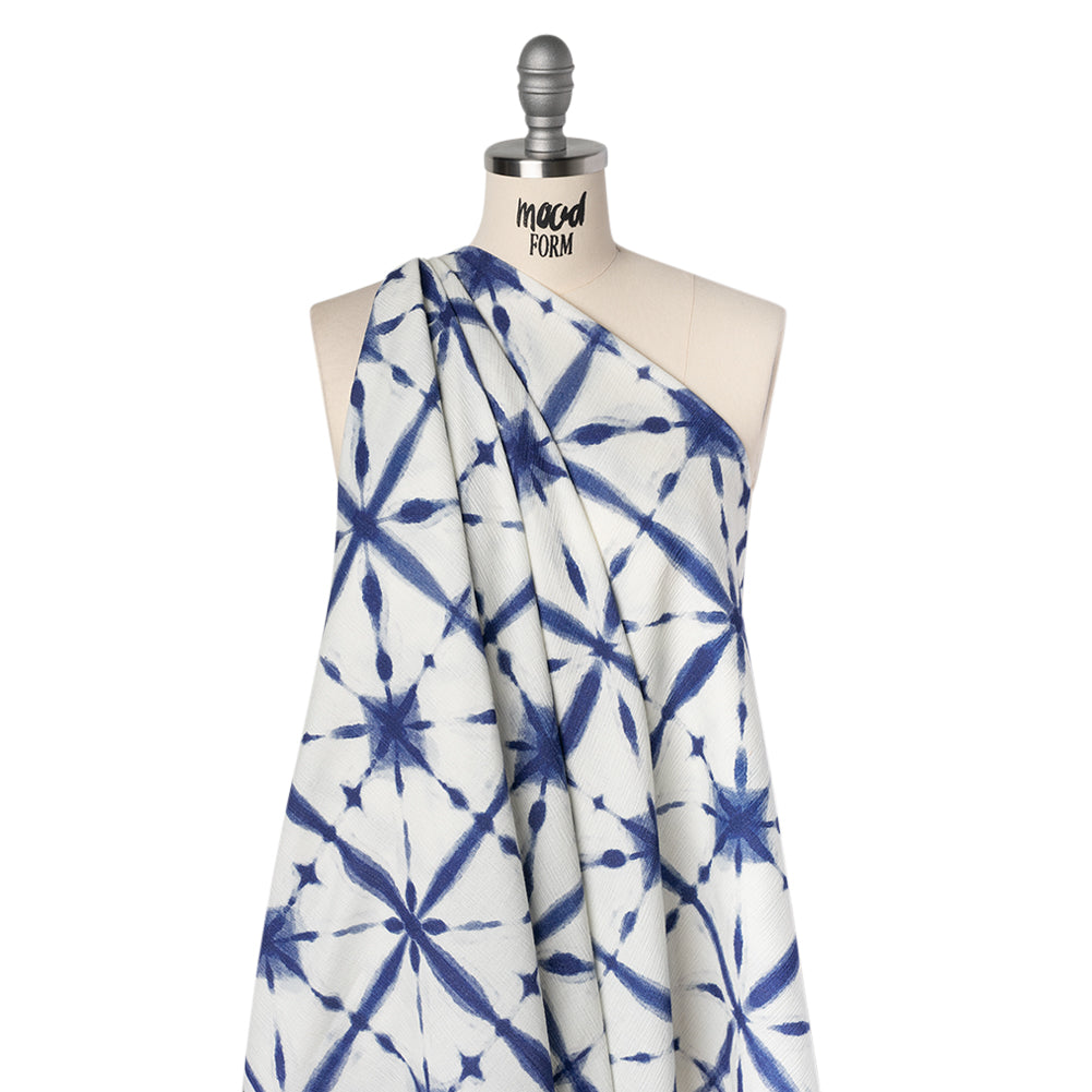 Slubbed Gauzy Cotton Woven - Indigo Blue and White Tie Dye Geometric Shibori - Mood Exclusive Tie Dye Tiles Print - Drape