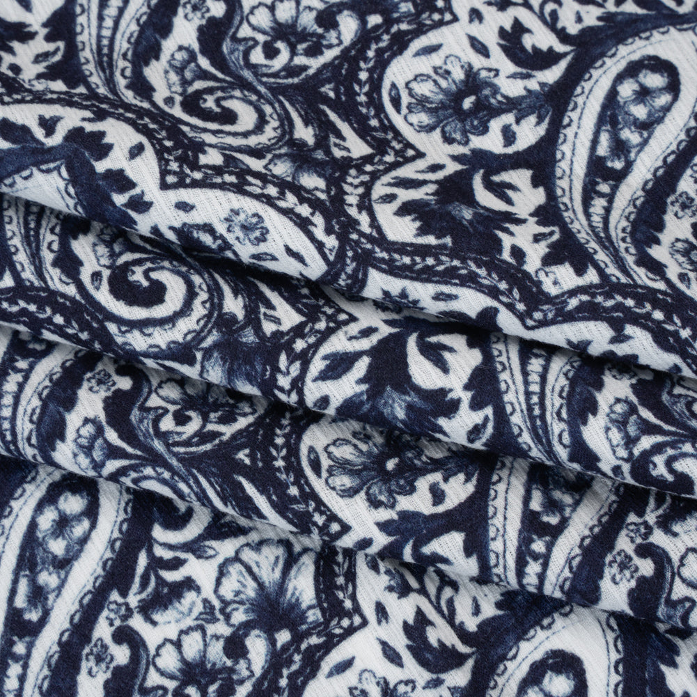 Slubbed Gauzy Cotton Woven - Navy Blue and White Paisley - Mood Exclusive Mediterranean Medley Print - Folded