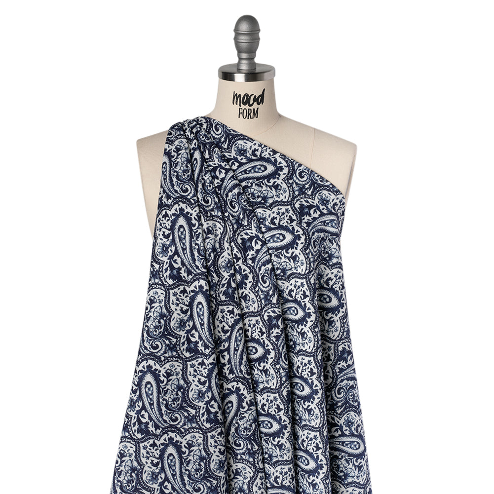 Slubbed Gauzy Cotton Woven - Navy Blue and White Paisley - Mood Exclusive Mediterranean Medley Print - Drape