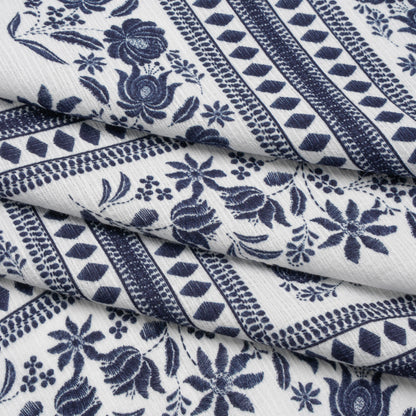 Slubbed Gauzy Cotton Woven - White and Navy Blue Floral Embroidery Squares - Mood Exclusive Porcelain Petals Print
