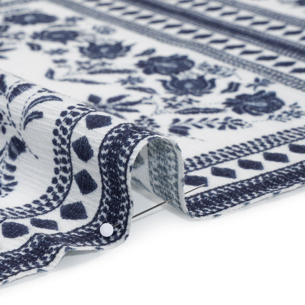 Slubbed Gauzy Cotton Woven - White and Navy Blue Floral Embroidery Squares - Mood Exclusive Porcelain Petals Print - Detail