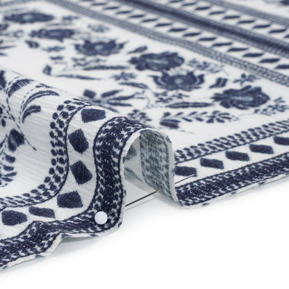 Slubbed Gauzy Cotton Woven - White and Navy Blue Floral Embroidery Squares - Mood Exclusive Porcelain Petals Print