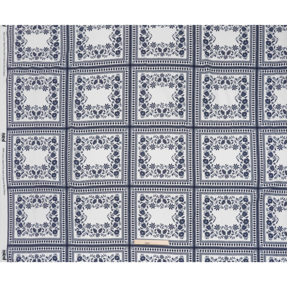 Slubbed Gauzy Cotton Woven - White and Navy Blue Floral Embroidery Squares - Mood Exclusive Porcelain Petals Print - Full