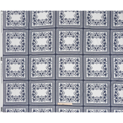 Slubbed Gauzy Cotton Woven - White and Navy Blue Floral Embroidery Squares - Mood Exclusive Porcelain Petals Print
