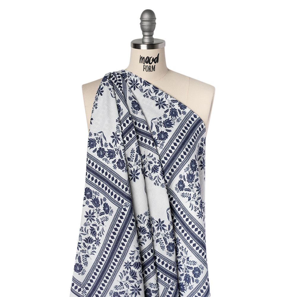 Slubbed Gauzy Cotton Woven - White and Navy Blue Floral Embroidery Squares - Mood Exclusive Porcelain Petals Print - Drape