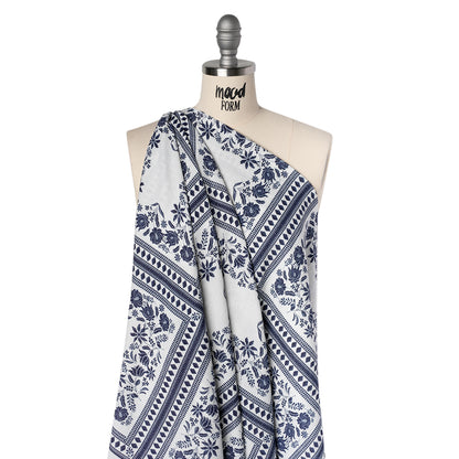 Slubbed Gauzy Cotton Woven - White and Navy Blue Floral Embroidery Squares - Mood Exclusive Porcelain Petals Print