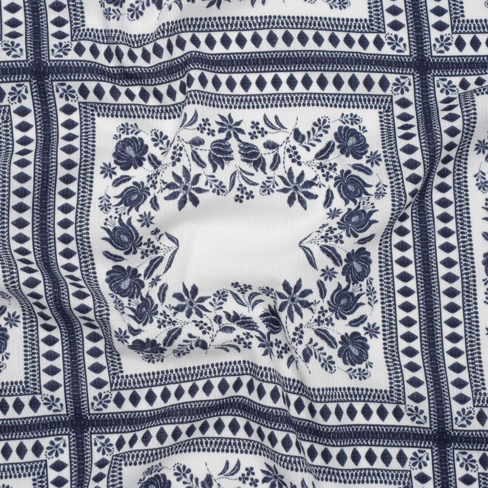 Slubbed Gauzy Cotton Woven - White and Navy Blue Floral Embroidery Squares - Mood Exclusive Porcelain Petals Print