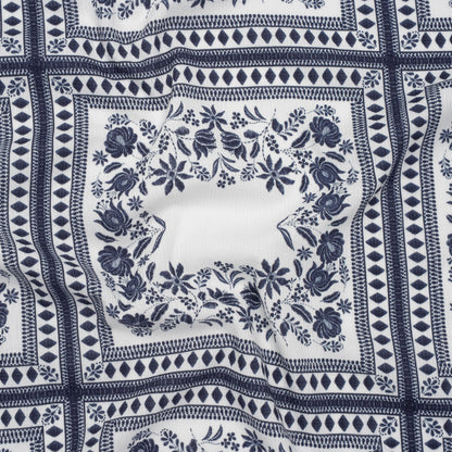 Slubbed Gauzy Cotton Woven - White and Navy Blue Floral Embroidery Squares - Mood Exclusive Porcelain Petals Print