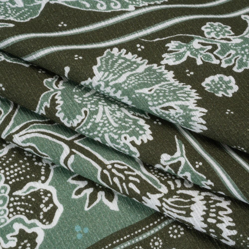 Slubbed Gauzy Cotton Woven - Dark Olive Green and Muted Teal Floral Handkerchief Panel - Mood Exclusive Needlepoint Picnic Print - Folded