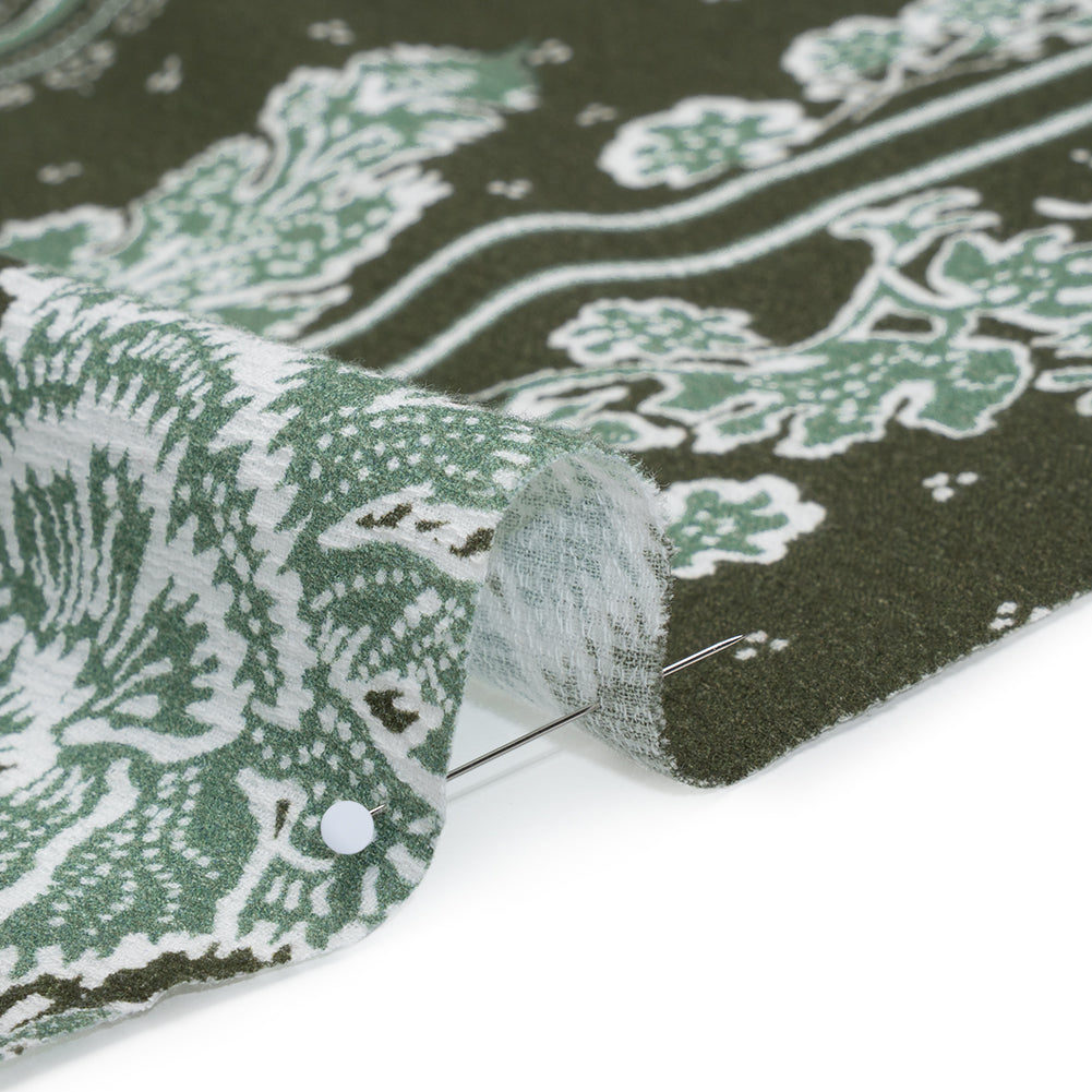 Slubbed Gauzy Cotton Woven - Dark Olive Green and Muted Teal Floral Handkerchief Panel - Mood Exclusive Needlepoint Picnic Print - Detail