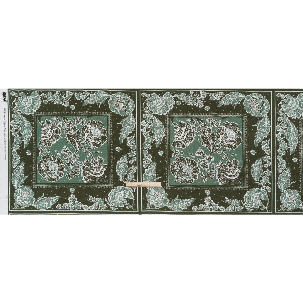 Slubbed Gauzy Cotton Woven - Dark Olive Green and Muted Teal Floral Handkerchief Panel - Mood Exclusive Needlepoint Picnic Print - Full