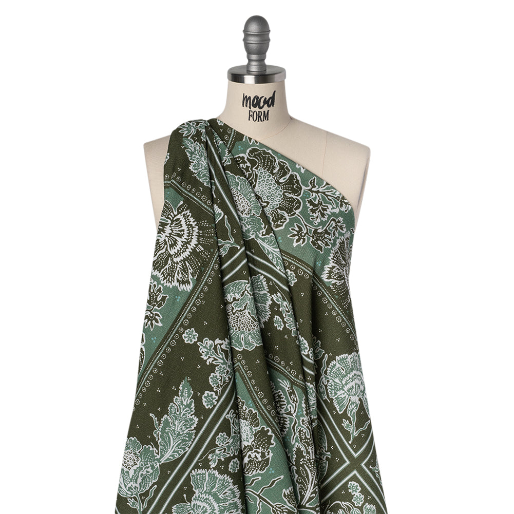 Slubbed Gauzy Cotton Woven - Dark Olive Green and Muted Teal Floral Handkerchief Panel - Mood Exclusive Needlepoint Picnic Print - Drape
