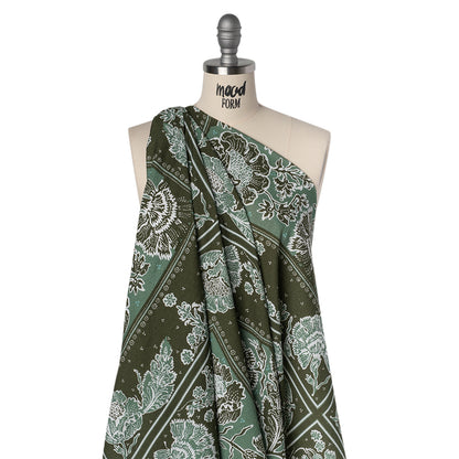 Slubbed Gauzy Cotton Woven - Dark Olive Green and Muted Teal Floral Handkerchief Panel - Mood Exclusive Needlepoint Picnic Print
